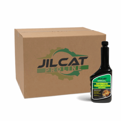JilCat Proline Automatic Transmission Supplement bottle and case packaging — premium automotive additive designed to stop transmission shudder and hard shifting in Ford and Chevrolet trucks.