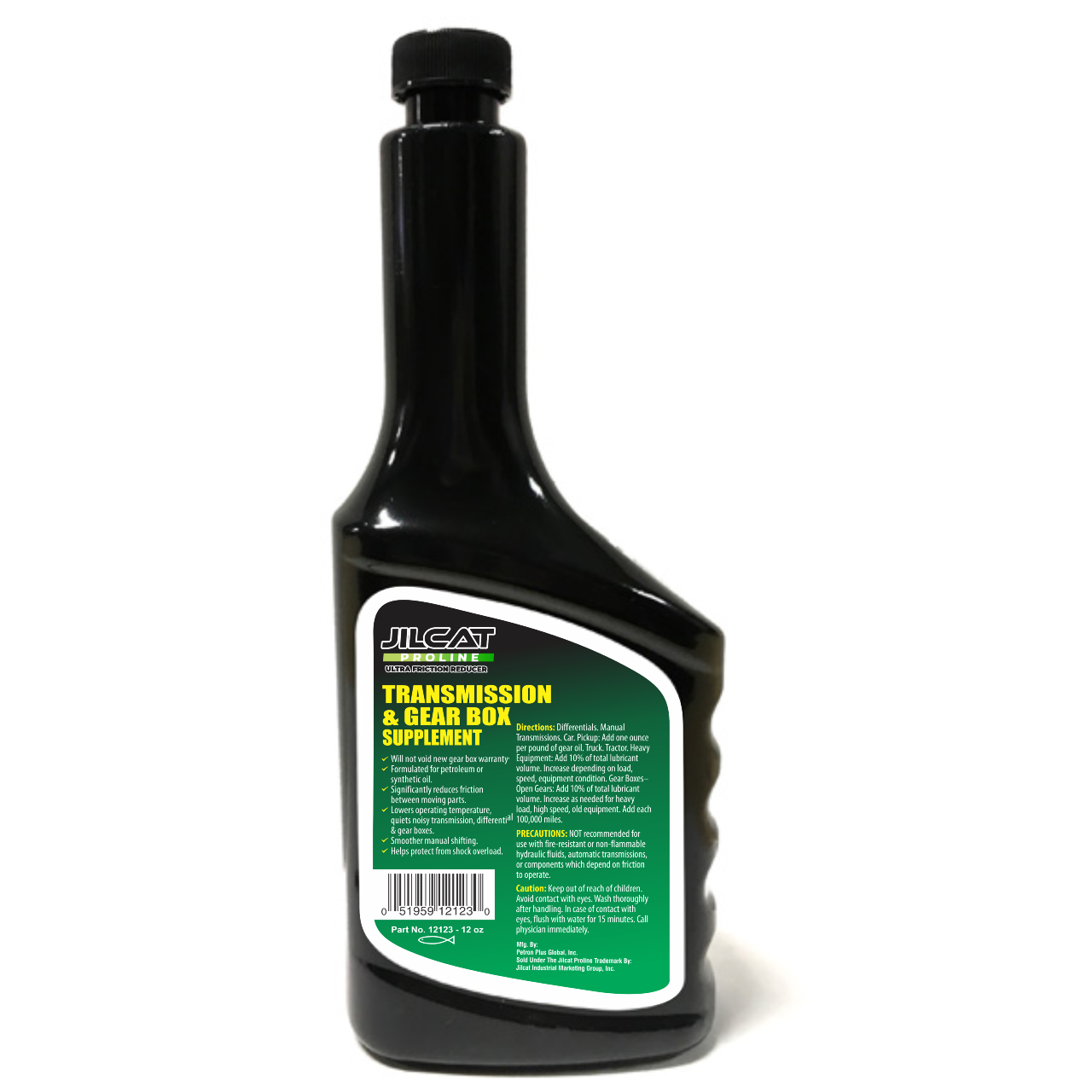 JilCat Proline Transmission & Gear Box Supplement bottle with green and yellow label, shown beside a branded case; automotive and industrial lubricant designed to reduce friction, wear, and corrosion.