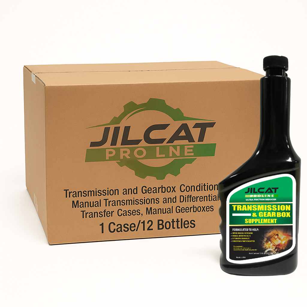 JilCat Proline Transmission & Gear Box Supplement bottle with green and yellow label, shown beside a branded case; automotive and industrial lubricant designed to reduce friction, wear, and corrosion.