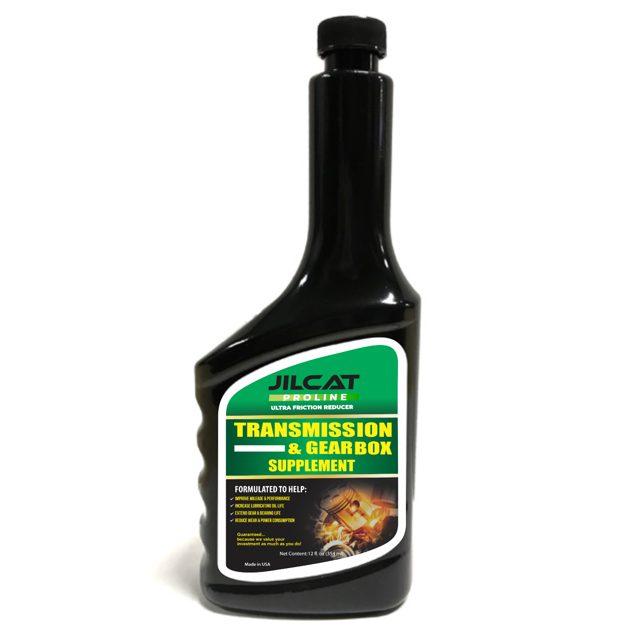 JilCat Proline Transmission & Gear Box Supplement bottle with green and yellow label, shown beside a branded case; automotive and industrial lubricant designed to reduce friction, wear, and corrosion.
