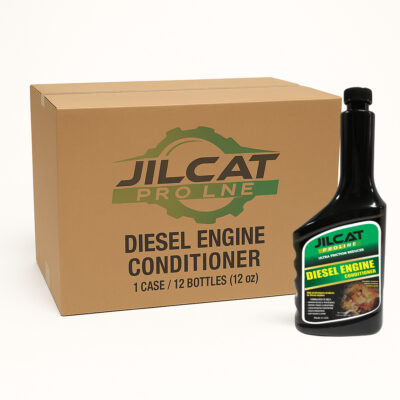 JilCat Proline Diesel Engine Conditioner 12-oz bottle next to branded case labeled “1 Case / 12 Bottles (12 oz)”—ultra friction reducer for diesel engines.