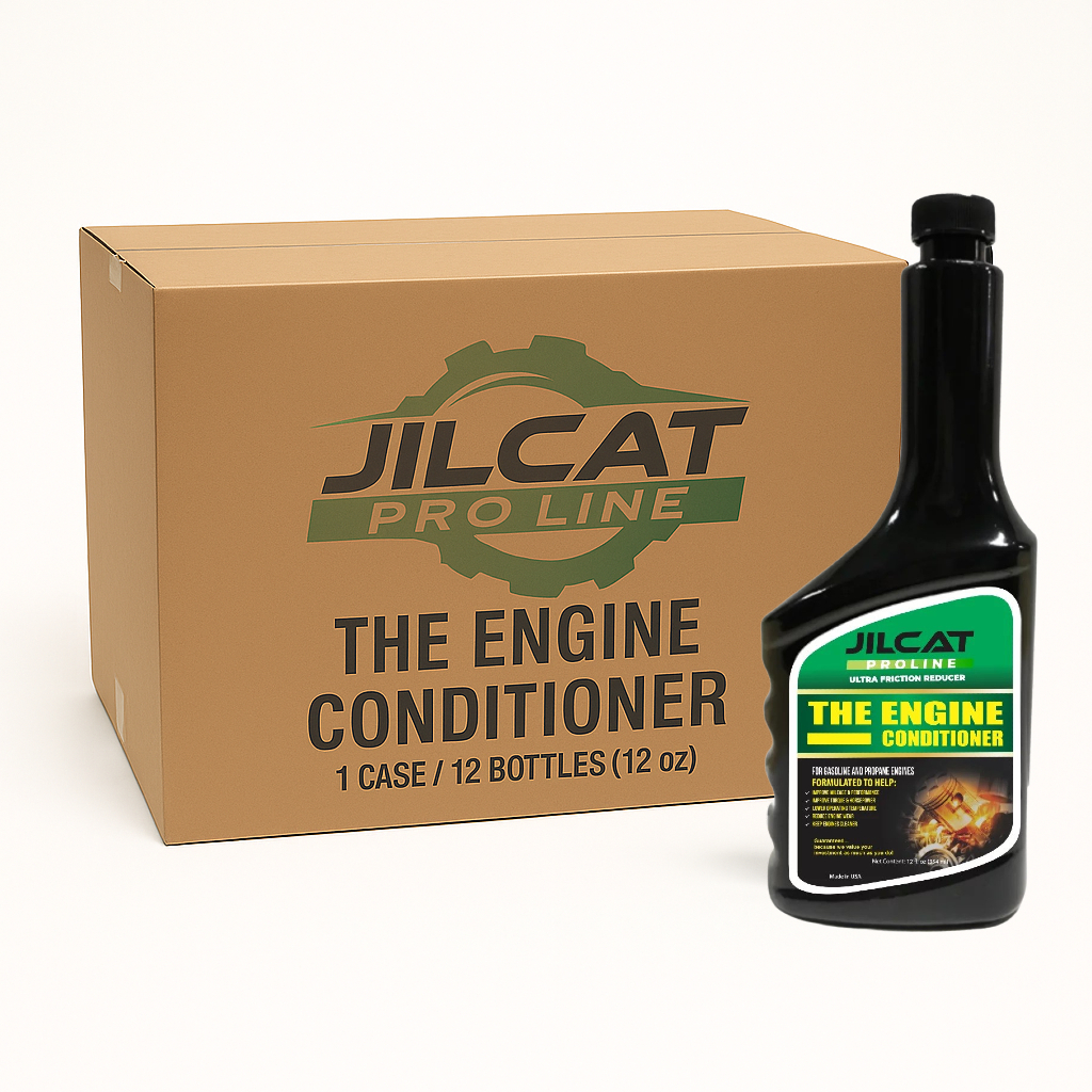 JilCat Proline The Engine Conditioner bottle and case packaging — advanced aerospace-based lubricant and sludge remover designed to restore oil pressure, reduce friction, and improve engine performance for Dodge HEMI, Ford, Chevrolet, and other gasoline engines.